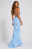 Blue floral jacquard corset maxi dress for women by FJØRNA, featuring intricate floral patterns and a fitted bodice.