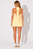 FJØRNA women's halterneck bodycon mini dress displayed on a hanger, showcasing the fitted silhouette and stylish design.
