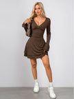 FJØRNA white ruched waist A-line dress with long sleeves, shown in a full-body image. Stylish and elegant women's dress.