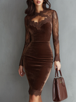 Brown velvet mini dress with lace sleeves by FJØRNA, featuring a fitted silhouette and elegant details for stylish women.