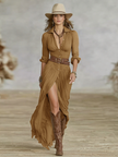 Brown FJØRNA women's elegant maxi dress with V-neck and belt, flowy and stylish for sophisticated occasions.