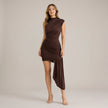 Brown FJØRNA asymmetric draped mini dress with one shoulder design, featuring elegant and stylish fashion details.