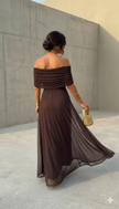 FJØRNA women's summer mini dress in flowy, casual style with a brown rug pattern, perfect for warm-weather wear.