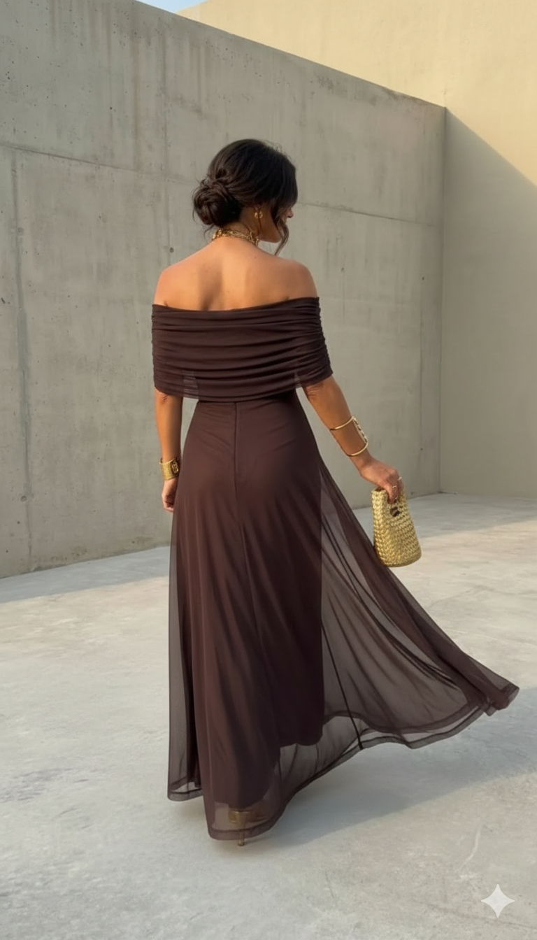 FJØRNA women's summer mini dress in flowy, casual style with a brown rug pattern, perfect for warm-weather wear.