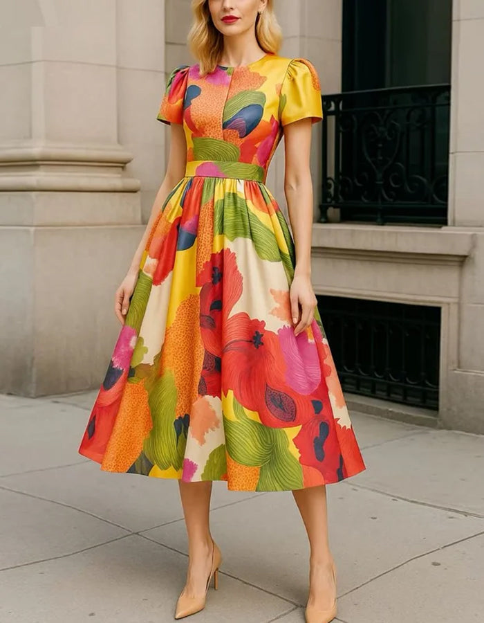 Red satin midi dress for women with A-line silhouette, pleated design, and puff sleeves by FJØRNA.