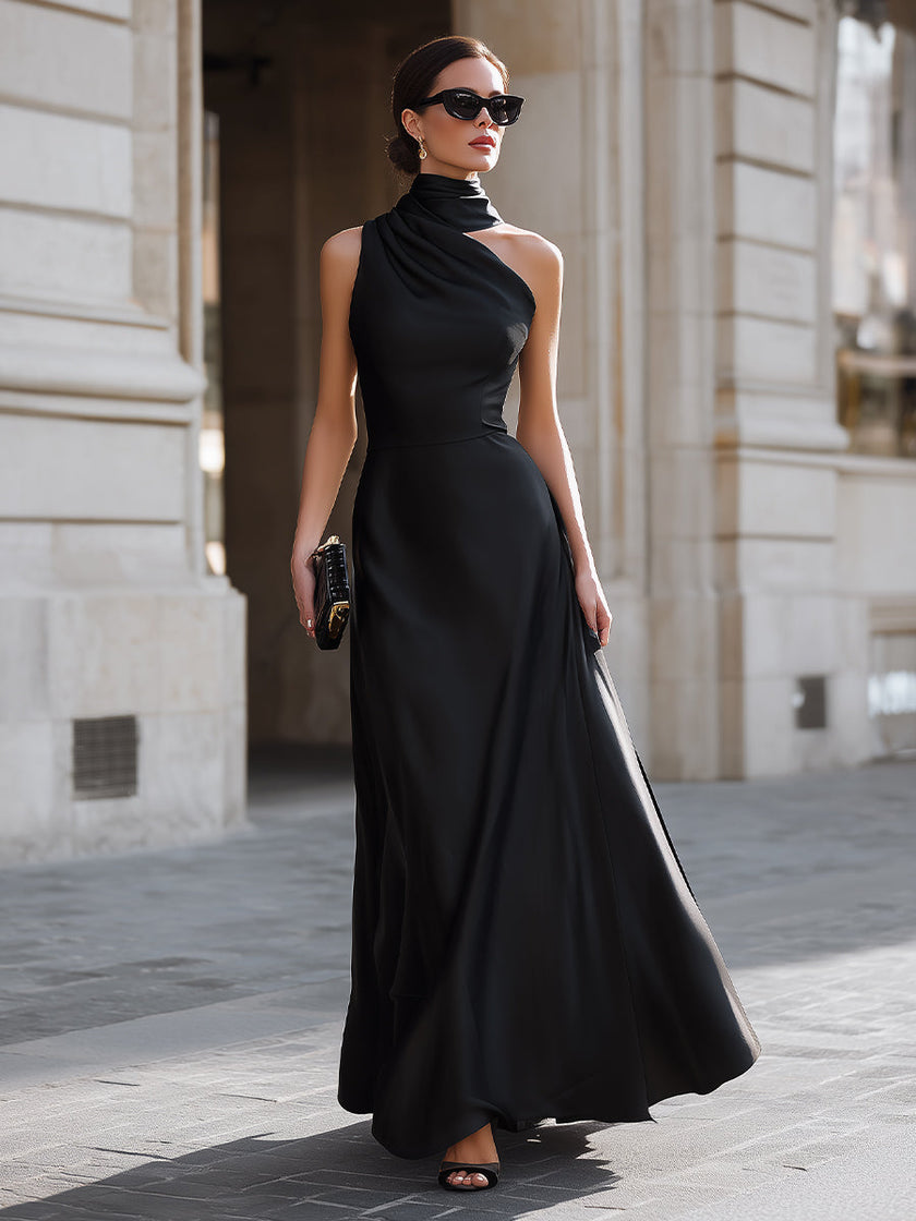FJØRNA one-shoulder draped high-neck maxi dress featuring elegant design and flowing fabric, perfect for formal occasions.