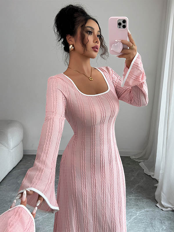 White FJØRNA A-line bodycon ribbed knit maxi dress with split-joint square neckline, elegant and form-fitting.