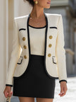 FJØRNA three-piece blazer suit set with contrast trim and gold buttons, featuring a gold dress, perfect for elegant women’s fashion.
