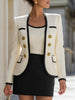 FJØRNA three-piece blazer suit set with contrast trim and gold buttons, featuring a gold dress, perfect for elegant women’s fashion.