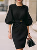FJØRNA elegant sparkle knit puff-sleeve waist twist midi dress, featuring a stylish leather midi dress with shimmering details.