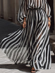 Elegant FJØRNA off-the-shoulder vertical stripe chiffon maxi dress displayed on a model, flowing and stylish for summer occasions.