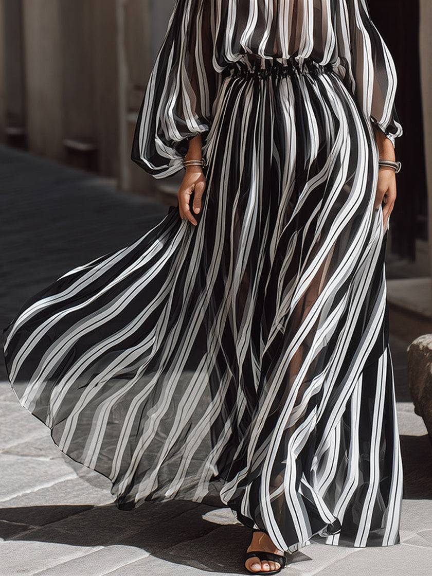 Elegant FJØRNA off-the-shoulder vertical stripe chiffon maxi dress displayed on a model, flowing and stylish for summer occasions.
