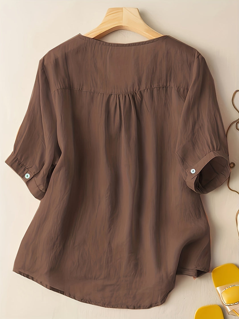 FJØRNA summer women's blouse with V-neck, linen fabric, flowy casual top, perfect for warm weather and relaxed style.
