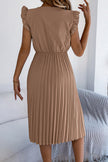 FJØRNA solid color V-neck sleeveless midi dress with lace trim and pleated design, casual and stylish for warm weather.