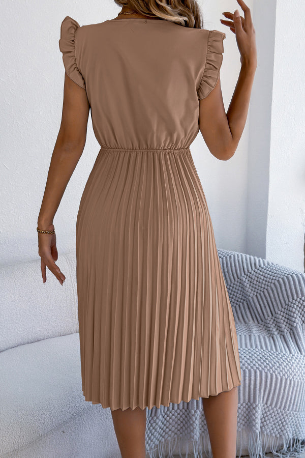 FJØRNA solid color V-neck sleeveless midi dress with lace trim and pleated design, casual and stylish for warm weather.