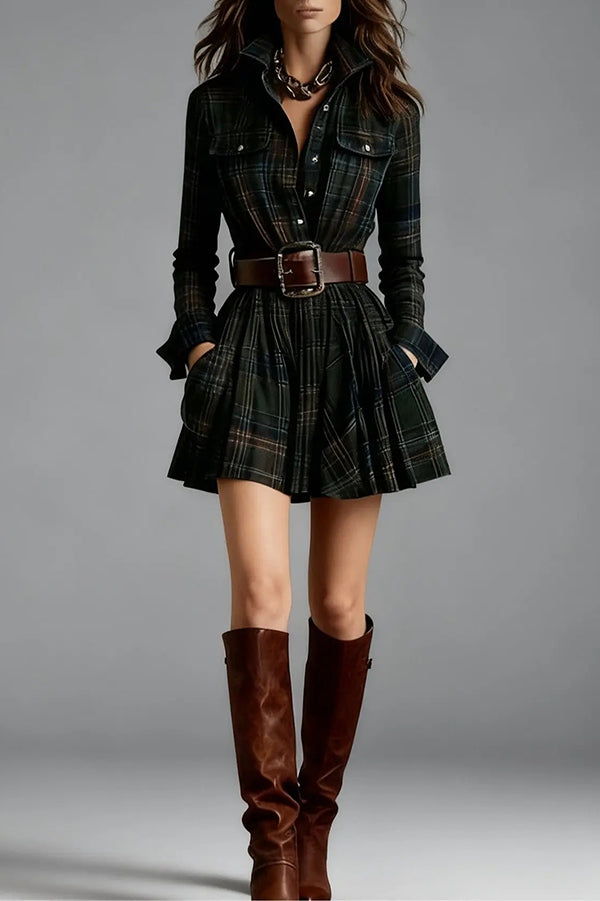 FJØRNA plaid print lapel long sleeve pocket mini dress for women, featuring a stylish design with a collar and button details.