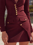 FJØRNA burgundy tailored blazer-style mini dress with gold-tone buttons, featuring a fitted silhouette and stylish lapel detailing.