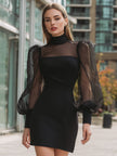 Black sheer puff sleeve structured mini dress by FJØRNA featuring a sleek black leather mini dress style.