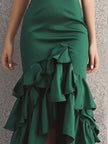 FJØRNA ruffled tiered satin midi gown with sculpted bodice and flowing ruffle details, elegant dress for formal occasions