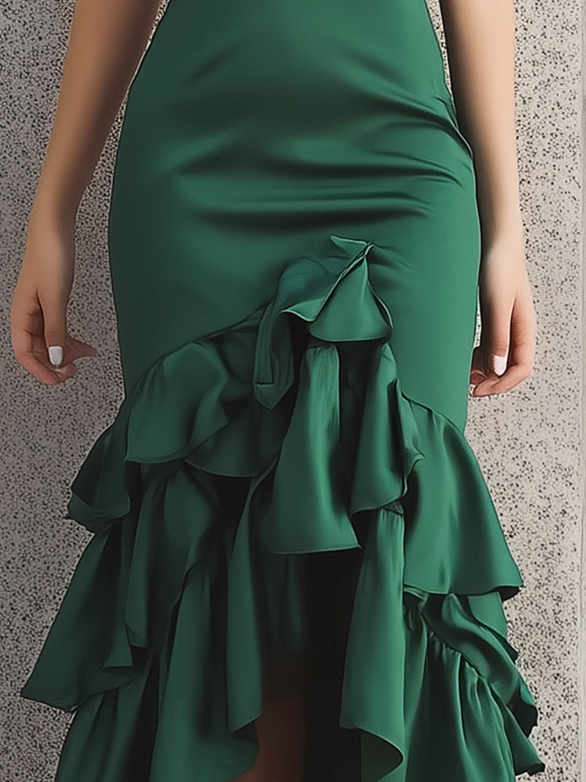 FJØRNA ruffled tiered satin midi gown with sculpted bodice and flowing ruffle details, elegant dress for formal occasions