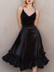 FJØRNA satin ruffled midi dress with spaghetti straps, elegant and flowy, perfect for summer or special occasions.