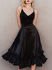FJØRNA satin ruffled midi dress with spaghetti straps, elegant and flowy, perfect for summer or special occasions.