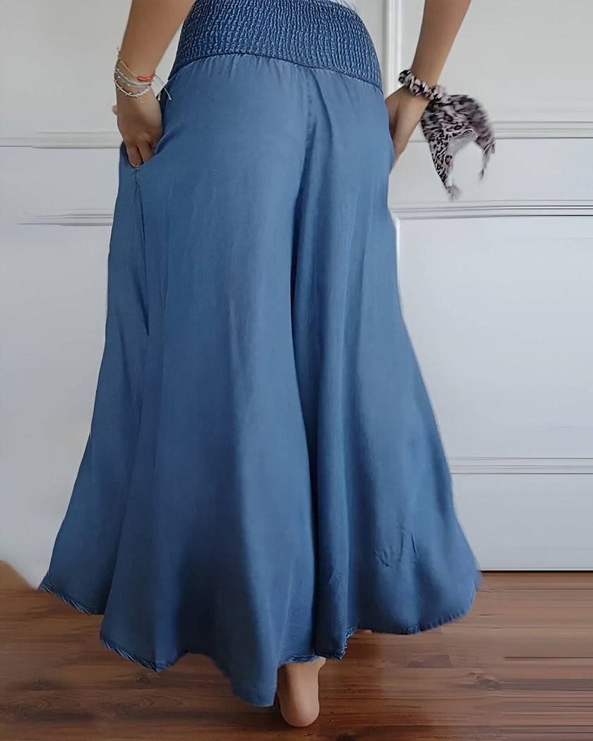 FJØRNA lightweight summer women's trousers with relaxed fit, elastic waist, and breathable fabric, shown on a model.
