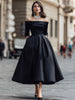 Elegant off-shoulder satin midi dress by FJØRNA featuring a flowing silhouette and stylish design for formal occasions.