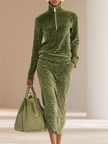 FJØRNA green leopard print velvet top and skirt set, stylish matching fashion ensemble with bold animal print fabric.