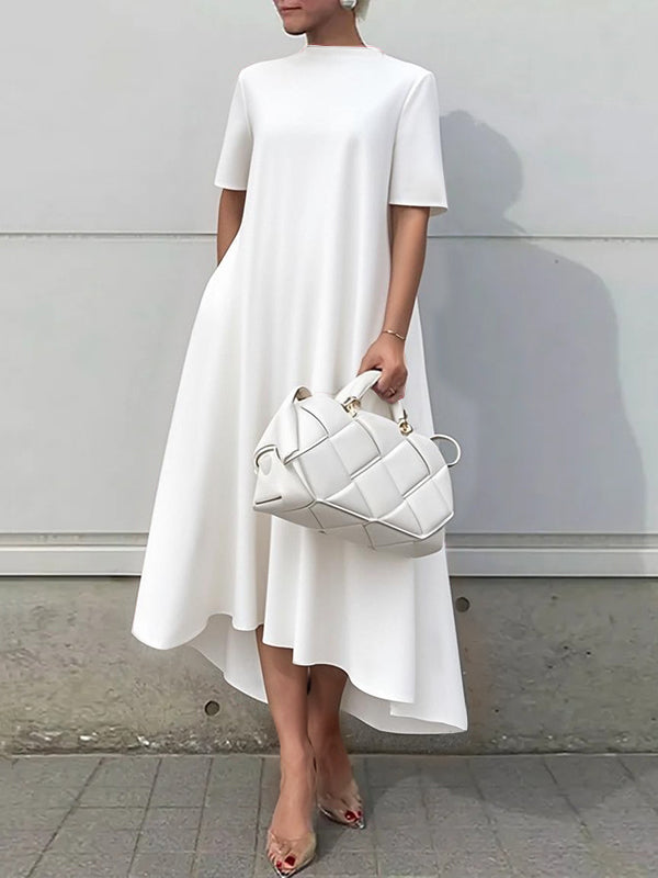 FJØRNA high-low white maxi dress with short sleeves, solid color, flowing fabric, perfect for casual or elegant occasions.