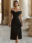 White off-shoulder midi dress with pearl-strap detail by FJØRNA, featuring a fitted bodice and flowing skirt for women.