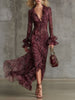 Burgundy chiffon ruffle maxi dress by FJØRNA featuring flowing fabric and elegant ruffle details for evening wear.