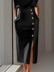 FJØRNA high waisted split-front maxi dress with elegant design, flowing fabric, and sophisticated style for formal occasions.