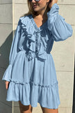 FJØRNA solid color V-neck ruffled ruched long-sleeved mini dress, casual wedding dress style, perfect for vacation wear.