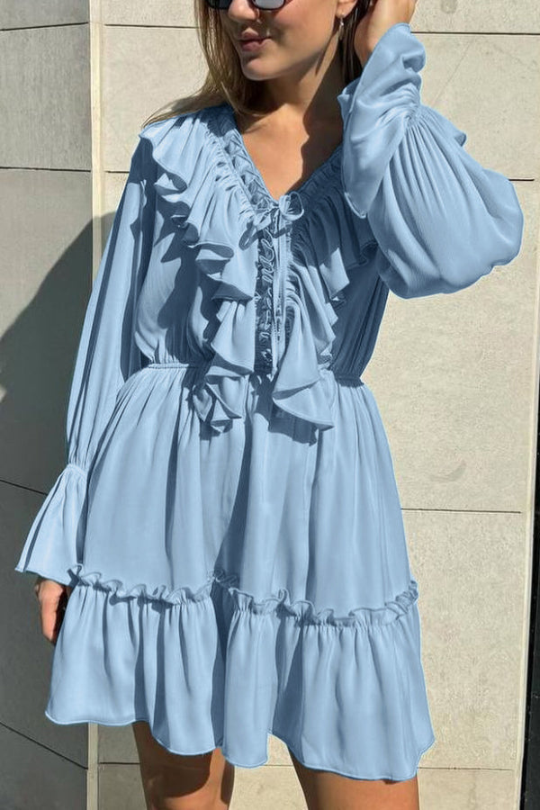 FJØRNA solid color V-neck ruffled ruched long-sleeved mini dress, casual wedding dress style, perfect for vacation wear.
