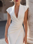 FJØRNA cap sleeve draped overlap V-neck midi dress for women, featuring a stylish design and elegant silhouette.