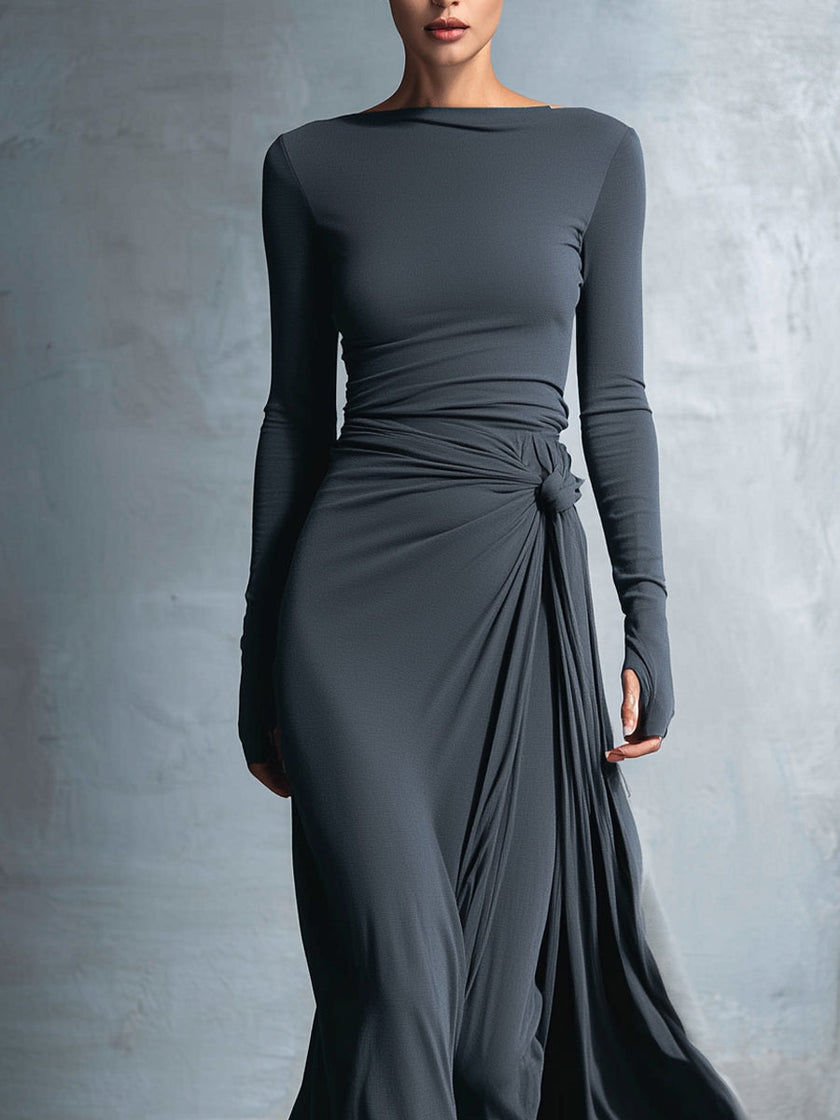 Grey Knit Wrap Maxi Dress For Women