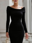 FJØRNA black off-the-shoulder long-sleeve sheath dress for women, fitted style with elegant neckline and sleek design.