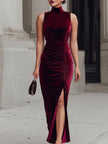 FJØRNA burgundy velvet sleeveless turtleneck ruched maxi dress displayed on a hanger, showcasing its elegant fabric and design.