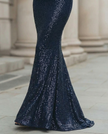 FJØRNA Midnight Shimmer Draped Mermaid Evening Maxi Dress with long sleeves, fitted silhouette, and elegant evening wear design