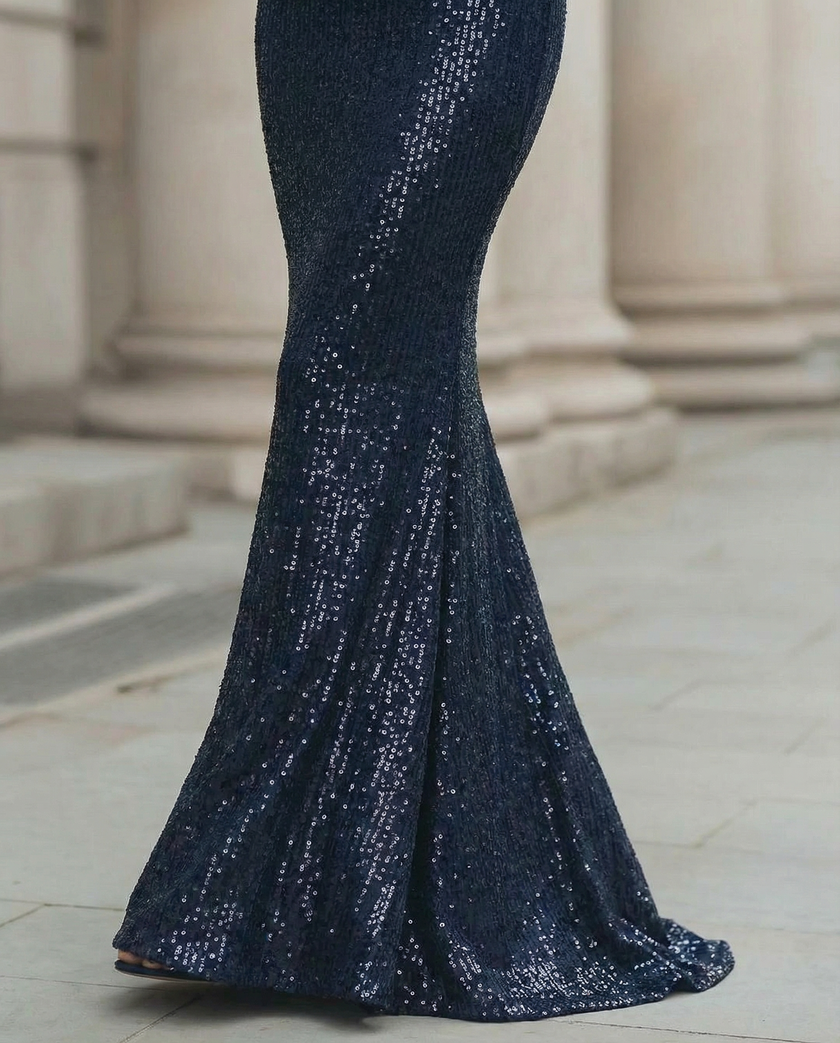 FJØRNA Midnight Shimmer Draped Mermaid Evening Maxi Dress with long sleeves, fitted silhouette, and elegant evening wear design