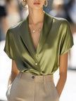 FJØRNA women's summer satin blouse with V-neck and short sleeves, stylish and lightweight top for warm weather.
