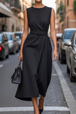 FJØRNA solid color sleeveless round neck casual midi dress, lightweight fabric, knee-length with a relaxed fit, on a hanger.