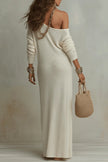 FJØRNA solid color slant collar long sleeve maxi dress for women, full-length dress with a sleek, elegant design.