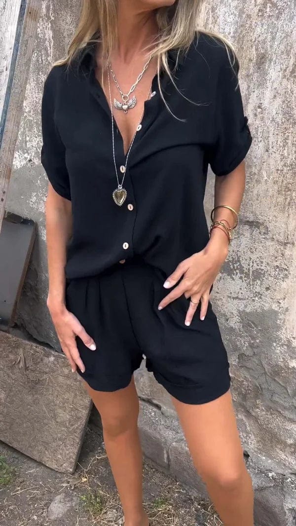 FJØRNA Jamie lightweight shorts and top suit set, casual summer clothing, beige fabric, relaxed fit, stylish and comfortable.