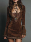Vintage brown suede mini dress with embroidered detailing by FJØRNA, featuring a fitted silhouette and stylish design.