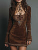 Vintage brown suede mini dress with embroidered detailing by FJØRNA, featuring a fitted silhouette and stylish design.