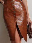 Caramel Croc-Embossed Faux Leather Midi Dress