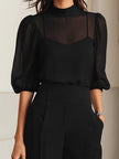 FJØRNA black chiffon top and wide-leg trousers three-piece pants set, stylish and elegant outfit with flowy fabric and modern design.