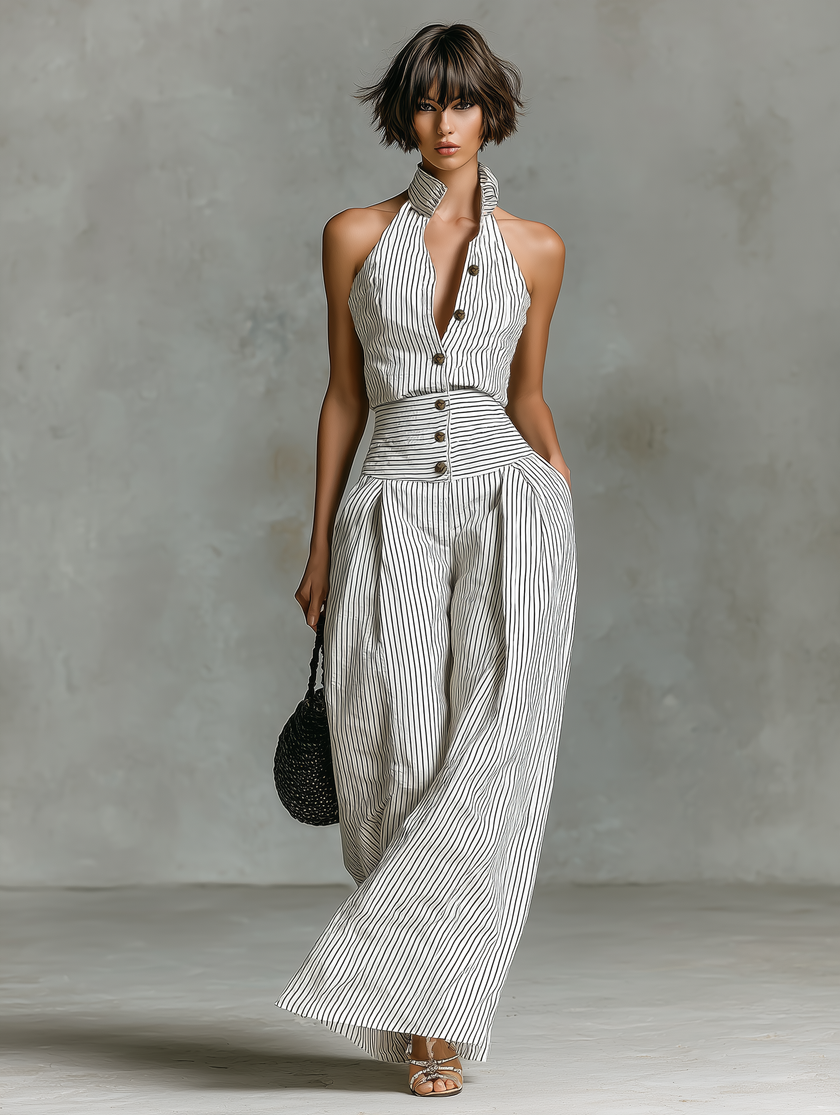 FJØRNA striped linen sleeveless women’s jumpsuit with single-breasted design and V-neck, featuring stylish pant pants.